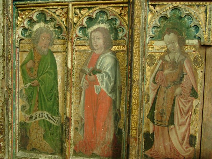 Medieval paintings of the Saints on panels of the  well-preserved timber rood screen in Bramfield St.Andrew's Church. This is a wonderful example of a screen in situ, carved in delicate tracery, painted and gilded.